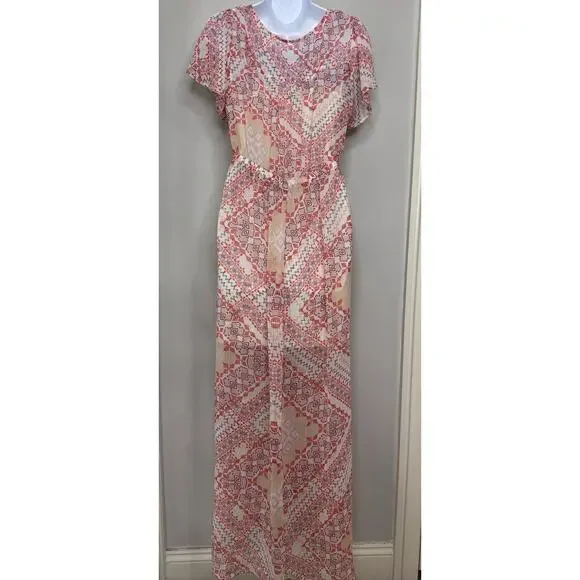 Express Women Sheer Aztec Button Front Maxi Dress Size M Coachella Festival Boho - Picture 2 of 16